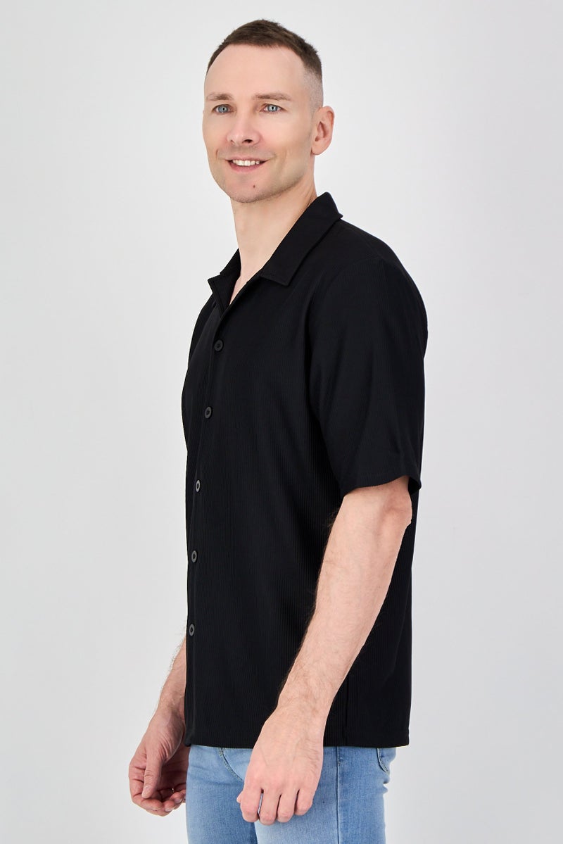 Core Elements Men Regular Fit Stripe Short Sleeve Casual Shirt, Black - Image 2