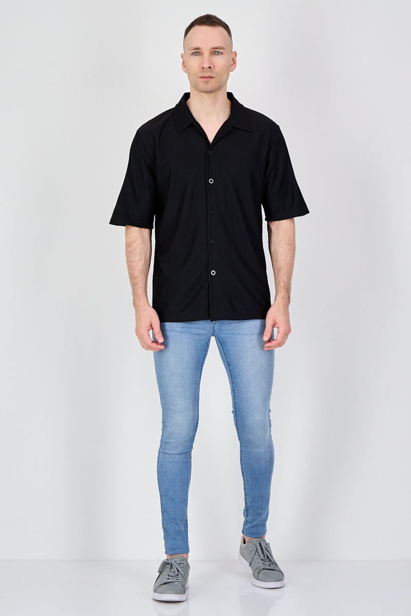 Core Elements Men Regular Fit Stripe Short Sleeve Casual Shirt, Black - Image 4