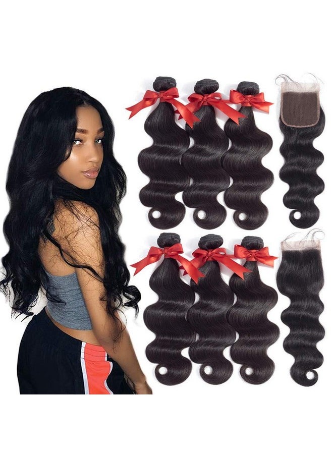 Beauhair Brazilian Virgin Hair Body Wave 3 Bundles With Closure (10 10 10+10 Free Part Closure) 10A Unprocessed Brazilian Body Wave Bundles With Lace Closure Human Hair Natural Black Color  - Image 1