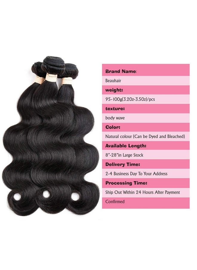 Beauhair Brazilian Virgin Hair Body Wave 3 Bundles With Closure (10 10 10+10 Free Part Closure) 10A Unprocessed Brazilian Body Wave Bundles With Lace Closure Human Hair Natural Black Color  - Image 3
