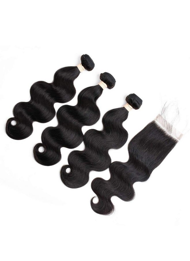 Beauhair Brazilian Virgin Hair Body Wave 3 Bundles With Closure (10 10 10+10 Free Part Closure) 10A Unprocessed Brazilian Body Wave Bundles With Lace Closure Human Hair Natural Black Color  - Image 2