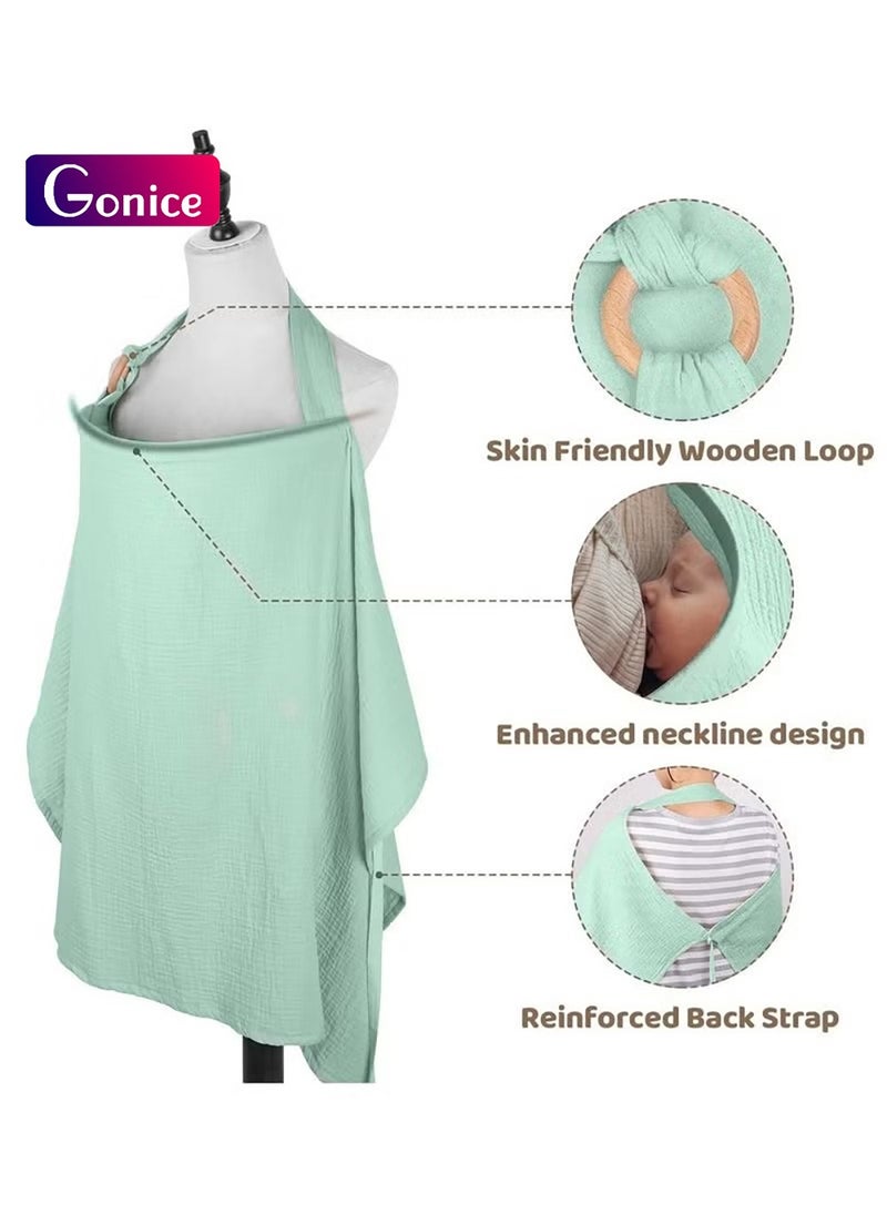 Gonice Muslin Nursing Cover with Wooden Hoop, 100% Cotton Breastfeeding Cover, Soft and Breathable Privacy Nursing Apron for Mom (Green)  - Image 1