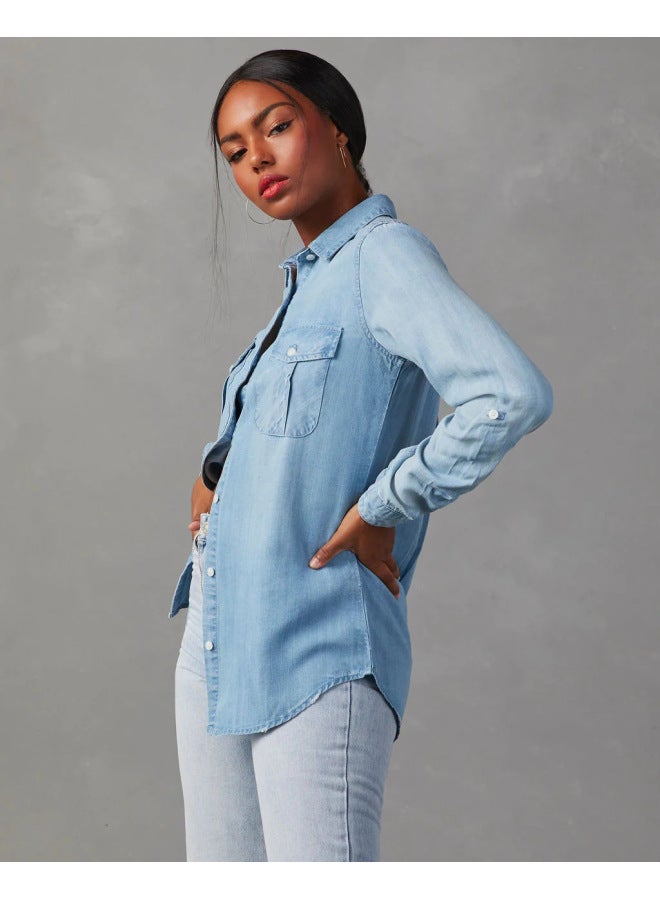 Women's Notched Lapel Denim Shirt – Long Sleeves, Single-Breasted
