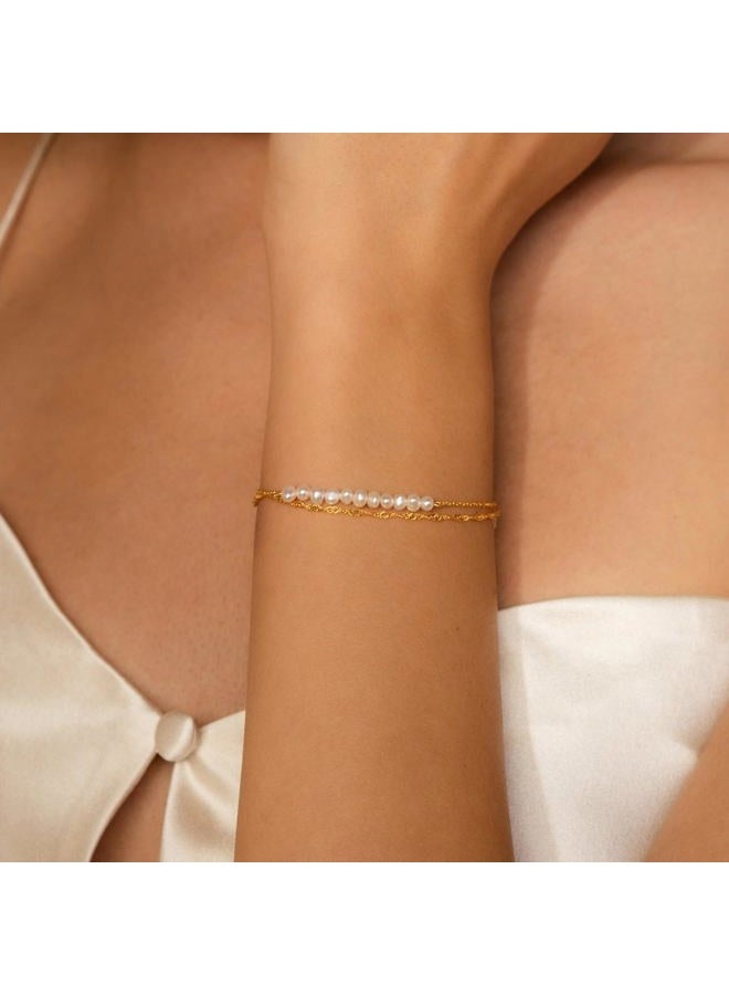 SLOONG Gold Bracelets for Women Trendy, 14K Real Gold Plated Dainty Stackable Pearl Snake Chain CZ Heart Pendant Bracelets, Layered Waterproof Jewelry Gift for Women Adjustable 6"+2", 6, no gemstone - Image 3