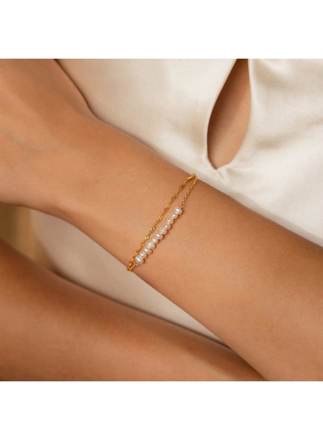 SLOONG Gold Bracelets for Women Trendy, 14K Real Gold Plated Dainty Stackable Pearl Snake Chain CZ Heart Pendant Bracelets, Layered Waterproof Jewelry Gift for Women Adjustable 6"+2", 6, no gemstone - Image 2