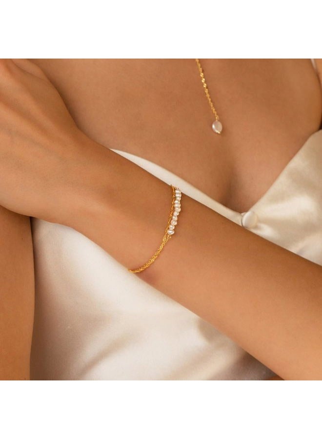 SLOONG Gold Bracelets for Women Trendy, 14K Real Gold Plated Dainty Stackable Pearl Snake Chain CZ Heart Pendant Bracelets, Layered Waterproof Jewelry Gift for Women Adjustable 6"+2", 6, no gemstone - Image 4