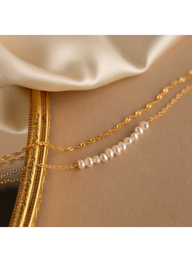 SLOONG Gold Bracelets for Women Trendy, 14K Real Gold Plated Dainty Stackable Pearl Snake Chain CZ Heart Pendant Bracelets, Layered Waterproof Jewelry Gift for Women Adjustable 6"+2", 6, no gemstone - Image 5