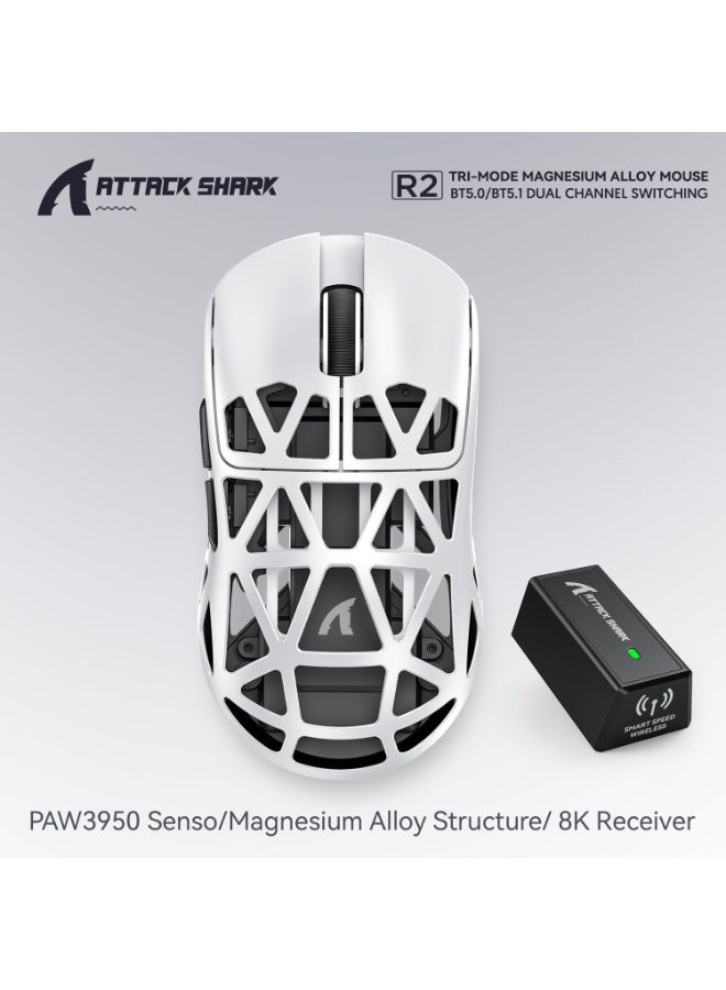 هجوم القرش ماوس ألعاب خفيف الوزن للغاية 48 جرام R2، مصنوع من سبيكة المغنيسيوم بتصميم معدني CNC أنيق، مستشعر PixArt بدقة تصل إلى 42000 نقطة في البوصة واستجابة لاسلكية 8000 هرتز، يدعم 3 أوضاع اتصال (سلكي من النوع C، بلوتوث، 2.4 جيجا)، تحكم فائق السرعة ودقة حركة مثالية، برنامج تحكم سحابي بدون تحميل لتخصيص الأزرار والماكرو، تصميم مريح مناسب للألعاب والتصميم والعمل - أبيض - Image 2