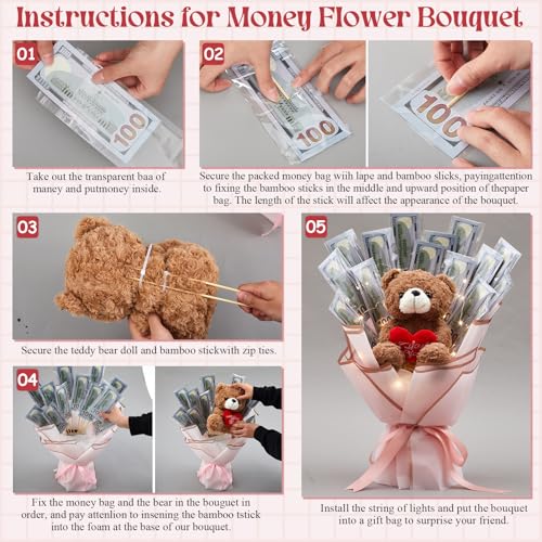 Mimorou DIY Money Bouquet Kit with Teddy Bear, Mother's Day Gift for Mom, Cash Flower Bouquet Wrapping Set for Birthday, Anniversary Present for Wife Grandma(Heart Bear,Pink Gold) - Image 5