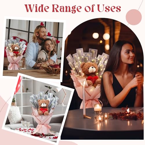 Mimorou DIY Money Bouquet Kit with Teddy Bear, Mother's Day Gift for Mom, Cash Flower Bouquet Wrapping Set for Birthday, Anniversary Present for Wife Grandma(Heart Bear,Pink Gold) - Image 4
