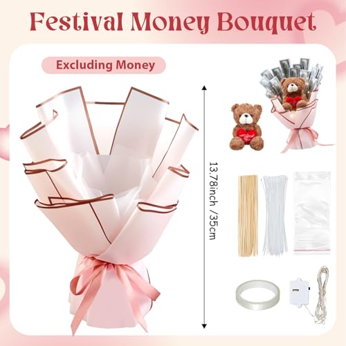 Mimorou DIY Money Bouquet Kit with Teddy Bear, Mother's Day Gift for Mom, Cash Flower Bouquet Wrapping Set for Birthday, Anniversary Present for Wife Grandma(Heart Bear,Pink Gold) - Image 2