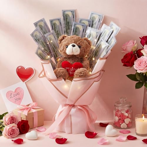 Mimorou DIY Money Bouquet Kit with Teddy Bear, Mother's Day Gift for Mom, Cash Flower Bouquet Wrapping Set for Birthday, Anniversary Present for Wife Grandma(Heart Bear,Pink Gold) - Image 3