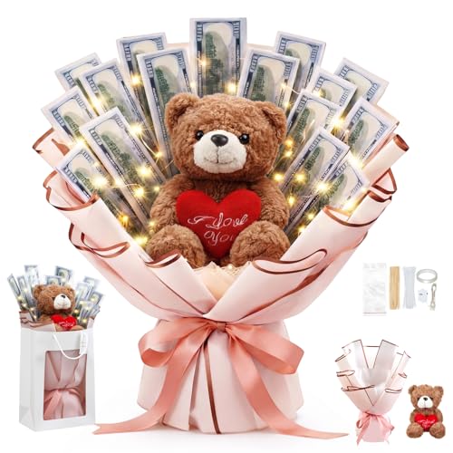 Mimorou DIY Money Bouquet Kit with Teddy Bear, Mother's Day Gift for Mom, Cash Flower Bouquet Wrapping Set for Birthday, Anniversary Present for Wife Grandma(Heart Bear,Pink Gold) - Image 1