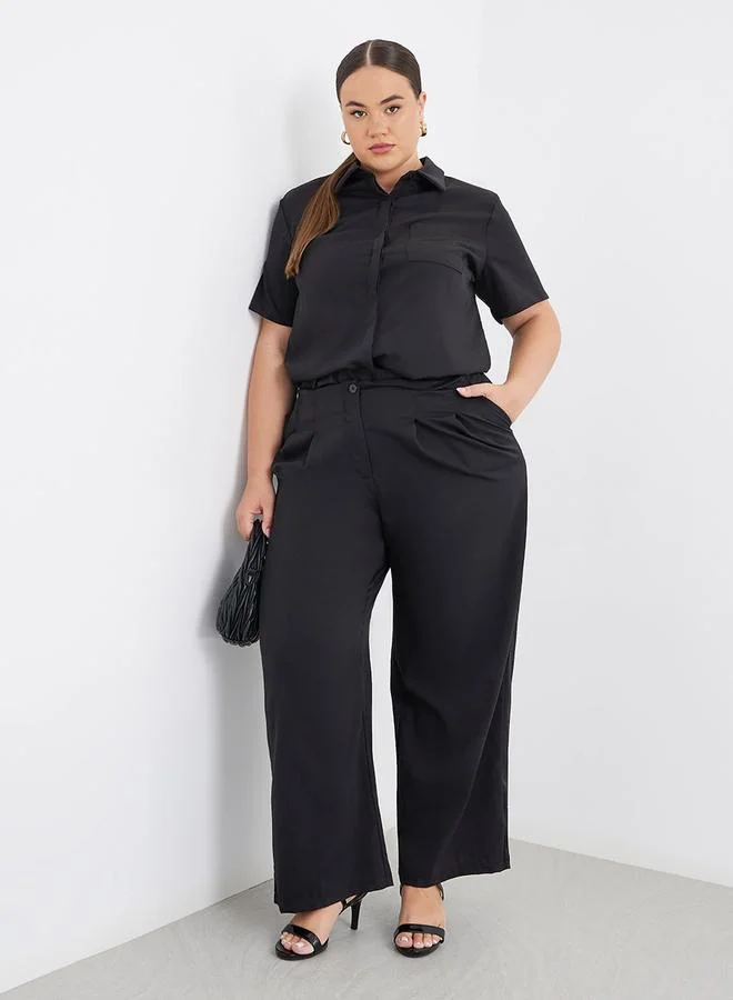 Styli Styli Plus Size Black Solid Shirt and Wide Leg Pants Co-Ords