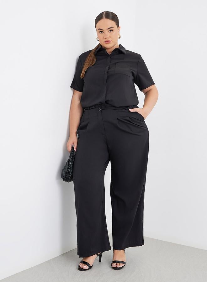 Styli Plus Size Black Solid Shirt and Wide Leg Pants Co-Ords - Image 1