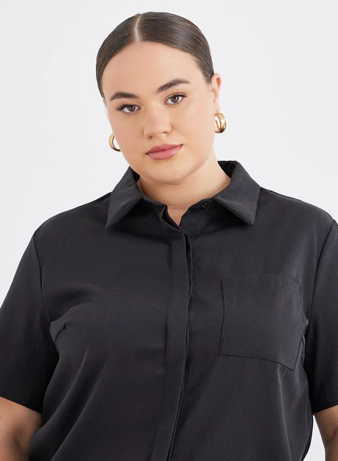 Styli Styli Plus Size Black Solid Shirt and Wide Leg Pants Co-Ords