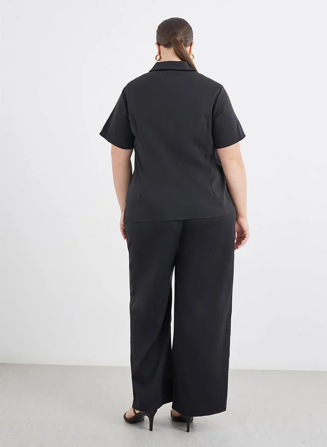 Styli Styli Plus Size Black Solid Shirt and Wide Leg Pants Co-Ords