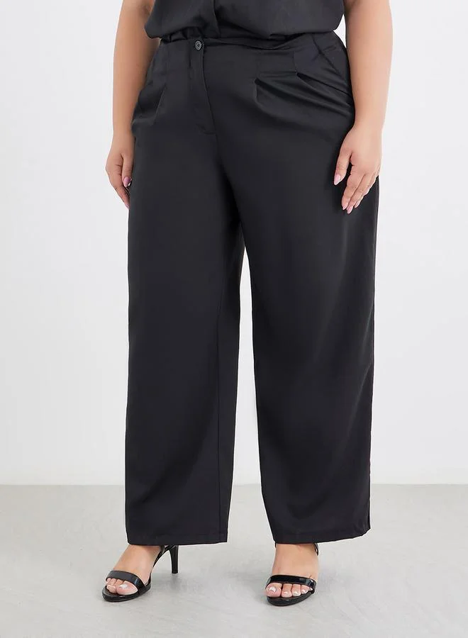 Styli Styli Plus Size Black Solid Shirt and Wide Leg Pants Co-Ords