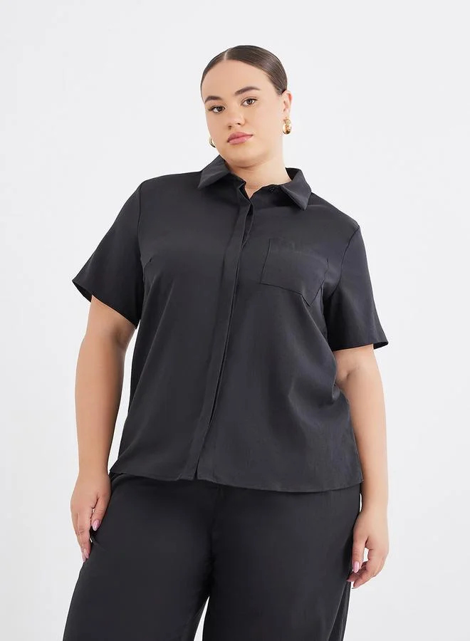 Styli Styli Plus Size Black Solid Shirt and Wide Leg Pants Co-Ords