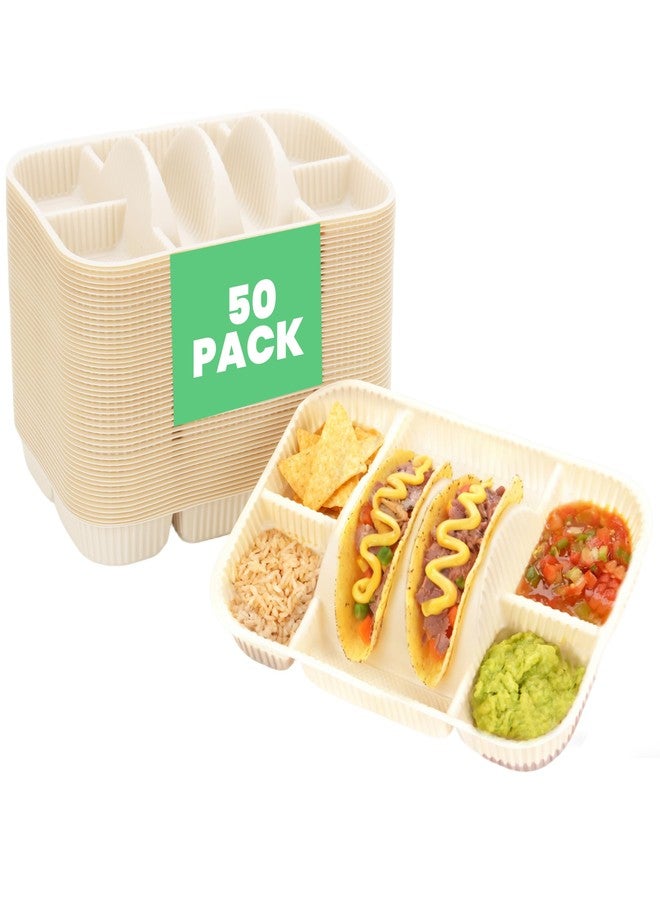 Kiicii 4-Compartment Disposable Taco Plates for 2 Tacos & 4 Sides | Extra-Deep Raised Edge| Biodegradable Cornstarch| Microwave Safe | Perfect for Tuesday, Parties, Fiesta, Nights, Bars | 50-Pack - Image 1