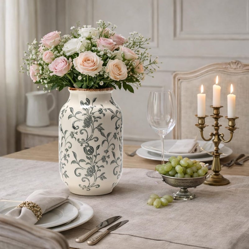 SIDUCAL Stackable design Ceramic Vintage Vase, 8.78 Inch Chinoiserie Floral Vase, Retro Ice Cracked Rustic Farmhouse Vases for Home Decor, Living Room, Bookshelf, Office, Tuscan Decor, Gray Floral Pattern Gulf user preference oriented build - Image 5
