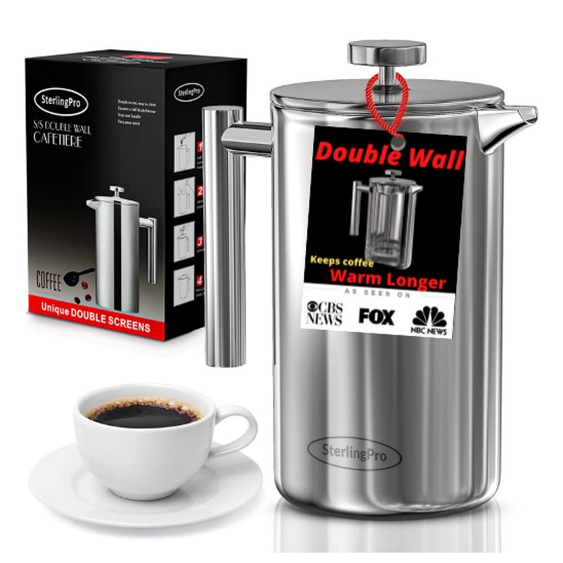 SterlingPro French Press Coffee Maker175LDouble Walled Large Coffee Press with 2 Free FiltersEnjoy GranuleFree Coffee Stylish Rust Free Kitchen AccessoryStainless Steel Mirror Finish 1L