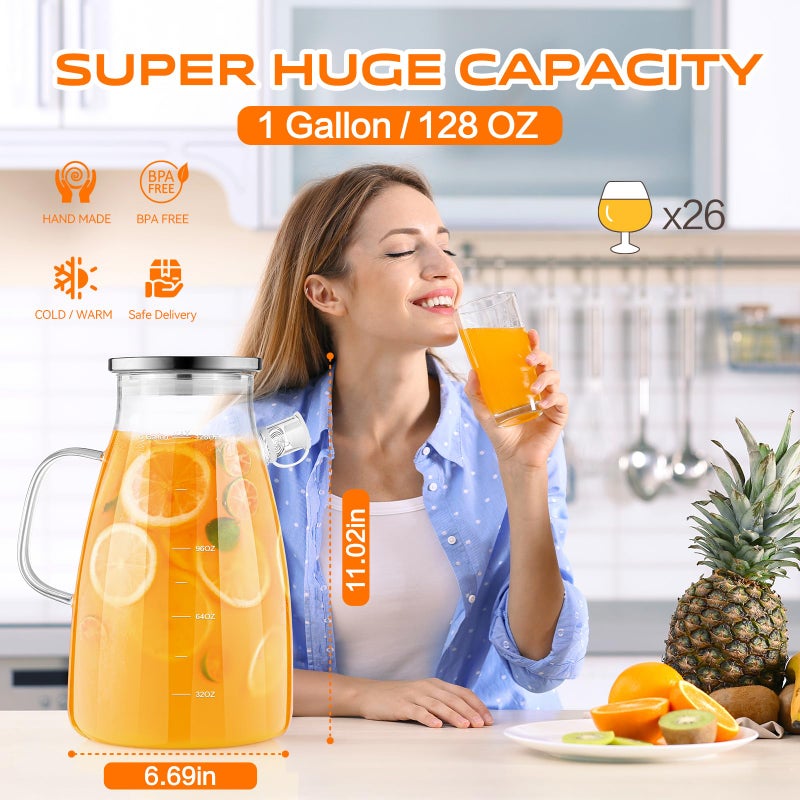 Aofmee 1 Gallon 128oz Glass Pitcher,Water Pitcher with Full Seal Lid and Spout, Glass Carafe for Hot/Cold Drink, Water Jug for Iced Tea, Coffee, Juice, Milk, Beverage - Image 2