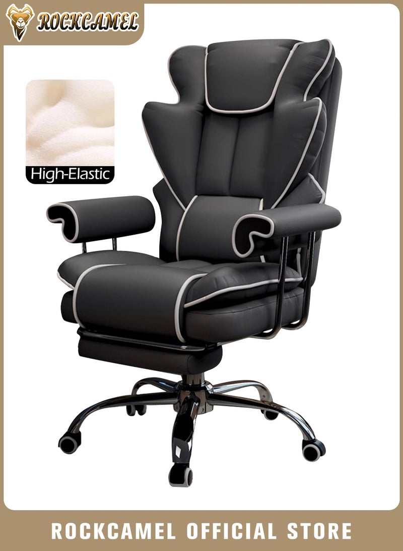 ROCKCAMEL Ergonomic Gaming Chair/Office Chair With Retractable Footrest, Steel Silent Caster Base, High Back Super PU Leather Boss Chair with Head&Lumbar Support Suitable for Home or Office (Black) - Image 1