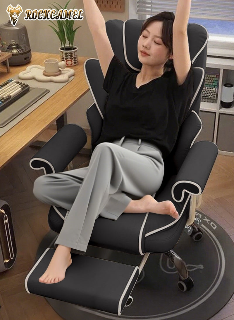 ROCKCAMEL Ergonomic Gaming Chair/Office Chair With Retractable Footrest, Steel Silent Caster Base, High Back Super PU Leather Boss Chair with Head&Lumbar Support Suitable for Home or Office (Black) - Image 2