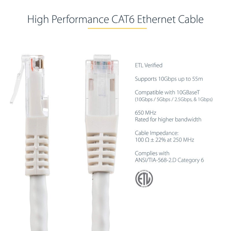 StarTech.com 3ft CAT6 Ethernet Cable - White CAT 6 Gigabit Ethernet Wire -650MHz 100W PoE++ RJ45 UTP Molded Category 6 Network/Patch Cord w/Strain Relief/Fluke Tested UL/TIA Certified (C6PATCH3WH) - Image 2