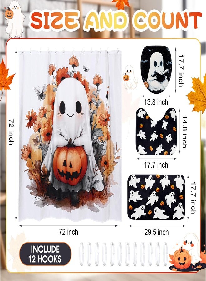 Remagr 4 Pcs Halloween Shower Curtain Set for Bathroom Ghost Pumpkin Halloween Bathroom Curtain Include Ghost Shower Curtains Non Slip Rug Toilet Lid Cover U Shaped Bath Mat and 12 Hooks for Home - Image 2