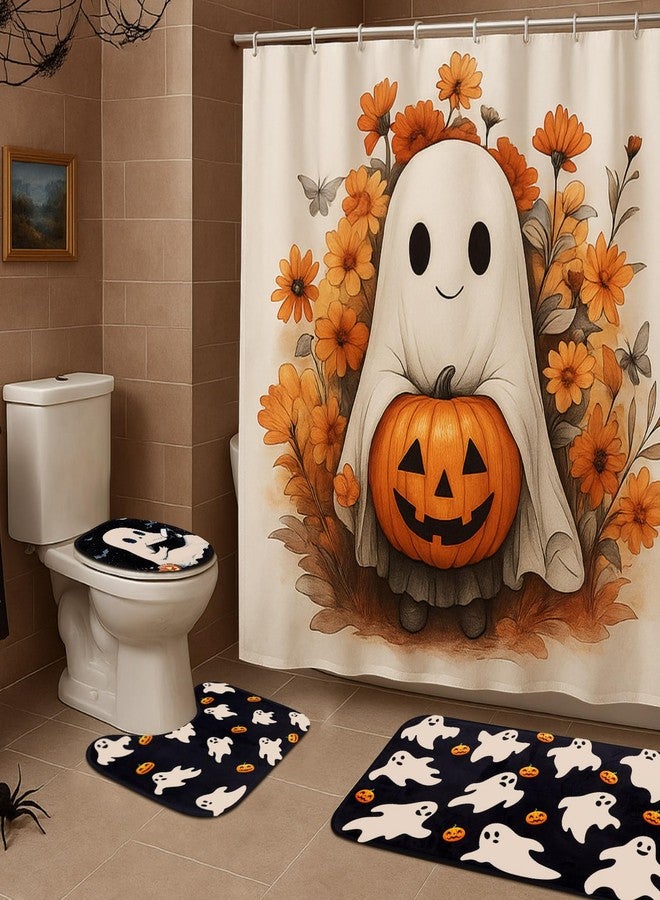Remagr 4 Pcs Halloween Shower Curtain Set for Bathroom Ghost Pumpkin Halloween Bathroom Curtain Include Ghost Shower Curtains Non Slip Rug Toilet Lid Cover U Shaped Bath Mat and 12 Hooks for Home - Image 1