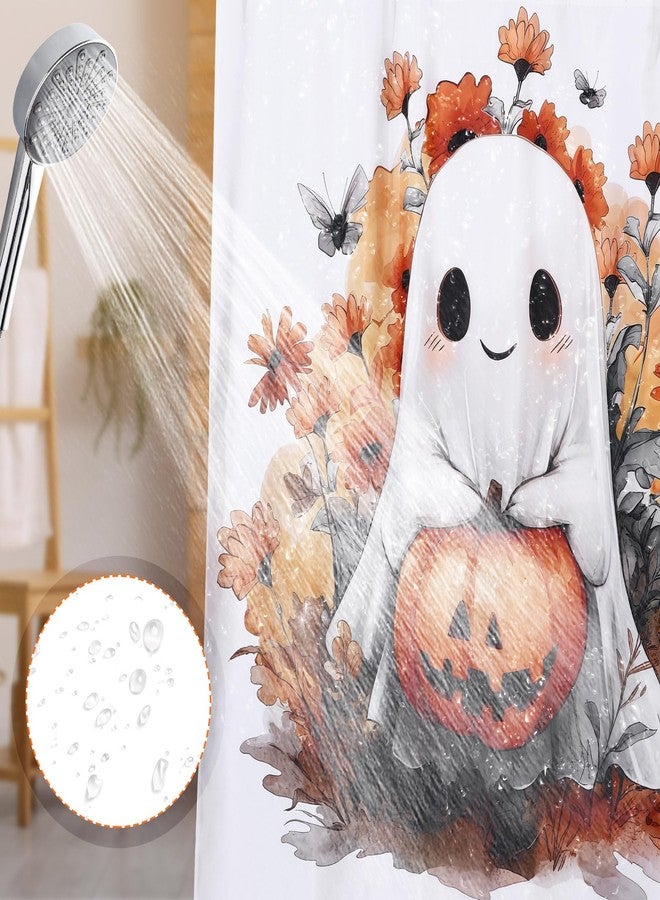 Remagr 4 Pcs Halloween Shower Curtain Set for Bathroom Ghost Pumpkin Halloween Bathroom Curtain Include Ghost Shower Curtains Non Slip Rug Toilet Lid Cover U Shaped Bath Mat and 12 Hooks for Home - Image 5