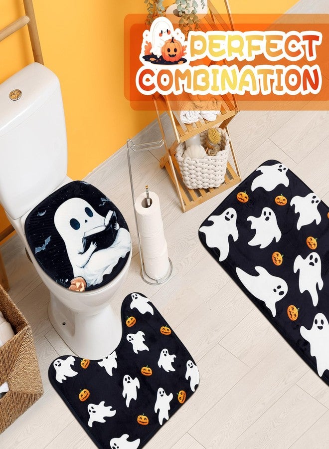Remagr 4 Pcs Halloween Shower Curtain Set for Bathroom Ghost Pumpkin Halloween Bathroom Curtain Include Ghost Shower Curtains Non Slip Rug Toilet Lid Cover U Shaped Bath Mat and 12 Hooks for Home - Image 4