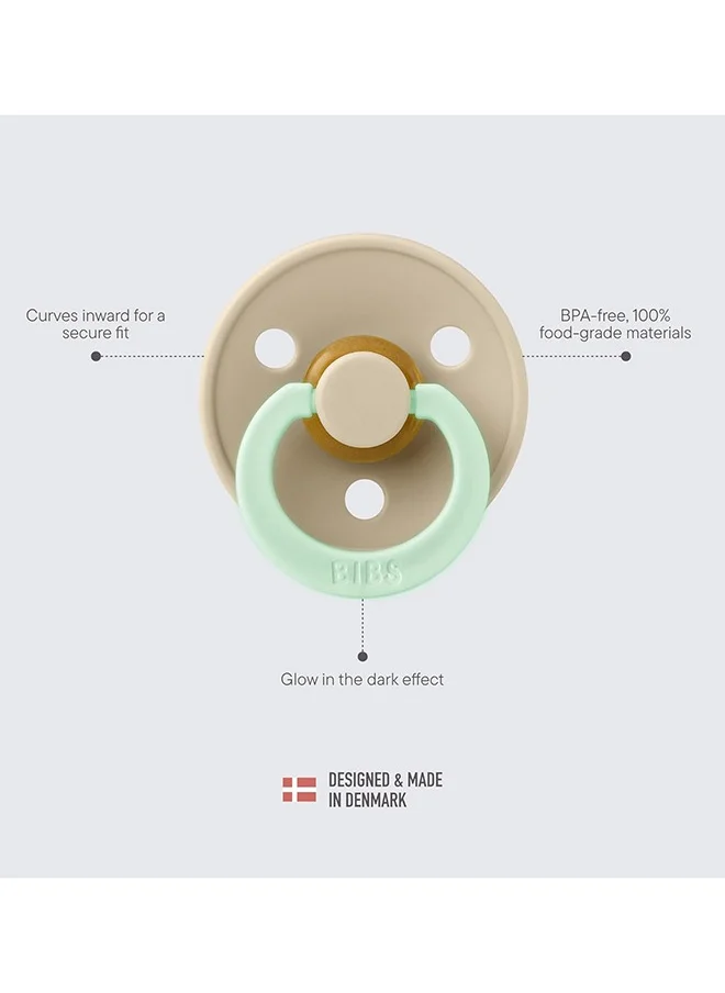 BIBS Pack of 2 Colour Symmetrical Glow Pacifiers Bpa Free, Glow In The Dark Symmetrical Natural Rubber/Latex, Made In Denmark. Size 2 6 To 18 Months , Sage Glow/Cloud Glow  - Packaging May Vary