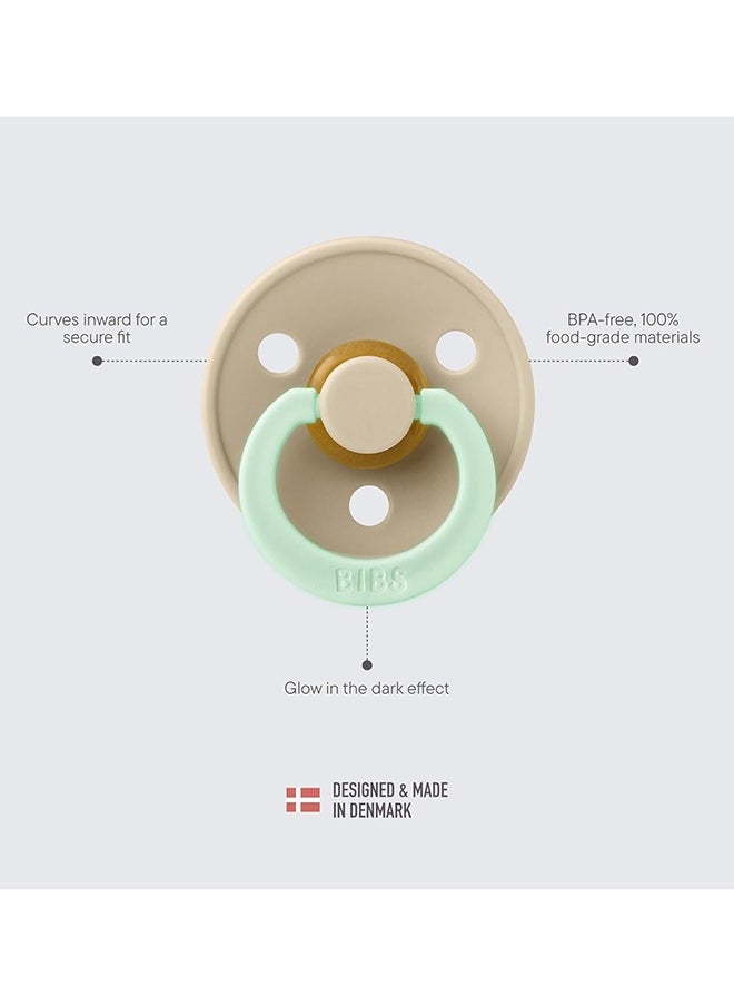 BIBS - Pack of 2 Colour Symmetrical Glow Pacifiers Bpa Free, Glow In The Dark Symmetrical Natural Rubber/Latex, Made In Denmark. Size 2 6 To 18 Months , Sage Glow/Cloud Glow  - Packaging May Vary - Image 1