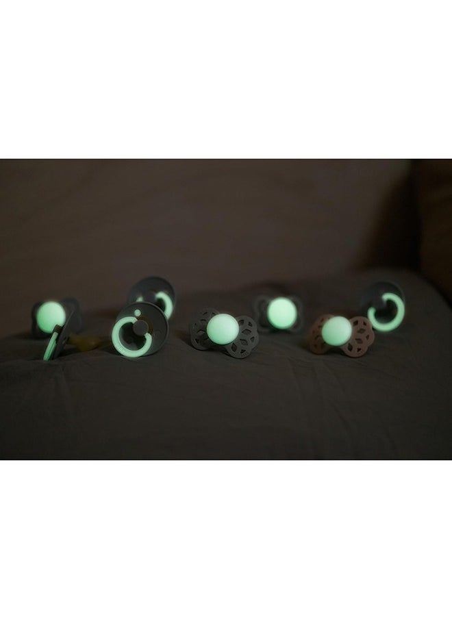 BIBS - Pack of 2 Colour Symmetrical Glow Pacifiers Bpa Free, Glow In The Dark Symmetrical Natural Rubber/Latex, Made In Denmark. Size 2 6 To 18 Months , Sage Glow/Cloud Glow  - Packaging May Vary - Image 1