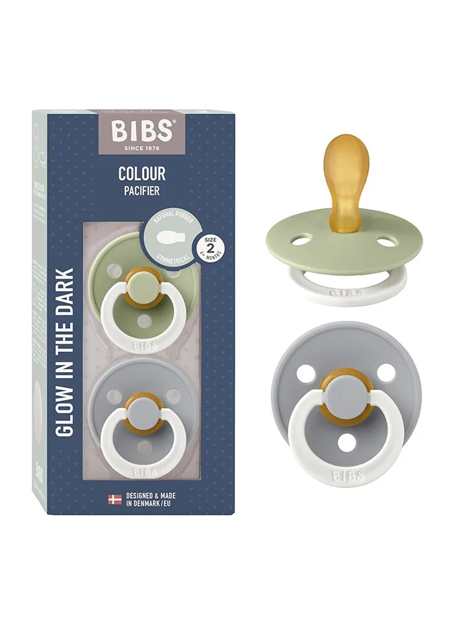 BIBS Pack of 2 Colour Symmetrical Glow Pacifiers Bpa Free, Glow In The Dark Symmetrical Natural Rubber/Latex, Made In Denmark. Size 2 6 To 18 Months , Sage Glow/Cloud Glow  - Packaging May Vary