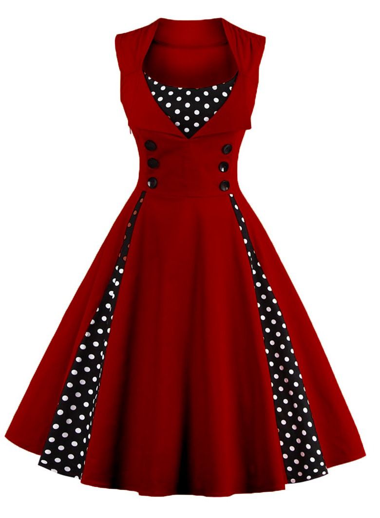 Loquat Patchwork vintage polka dot dresses Wine red  - Image 1