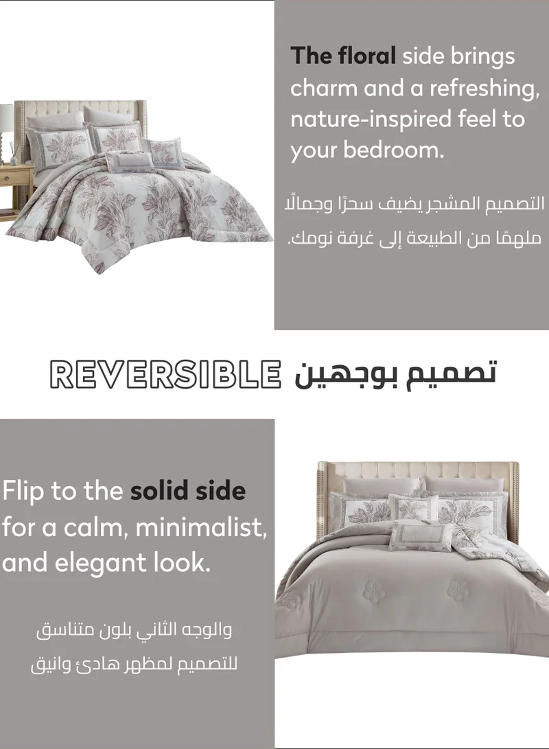 Donetella Cotton Comforter Set 4-Pcs Single Size All Season Reversible Floral Printed Bed Fits(120 X 200 Cm) With 350 GSM Down ALternative Filling,Silver Sand