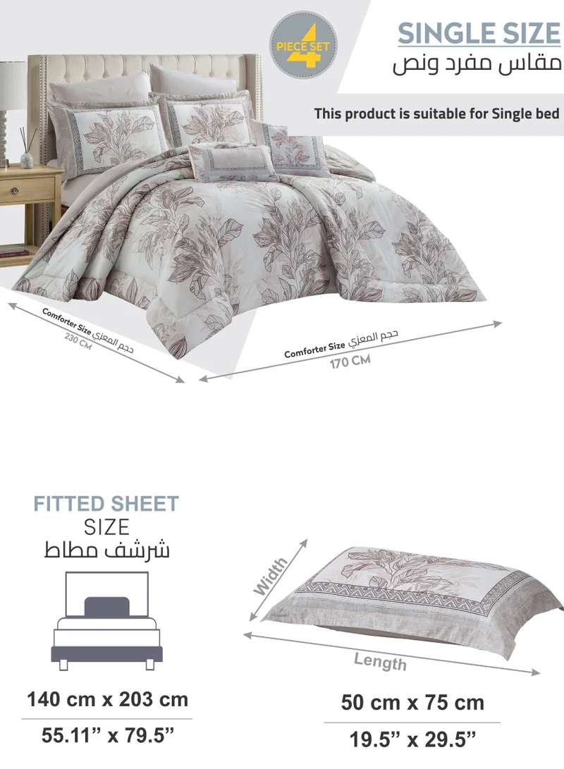 Donetella Cotton Comforter Set 4-Pcs Single Size All Season Reversible Floral Printed Bed Fits(120 X 200 Cm) With 350 GSM Down ALternative Filling,Silver Sand