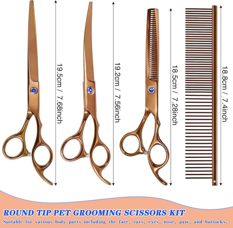maxshop Dog Grooming Scissors, Premium Stainless Steel Pet Grooming Trimmer Kit, Professional Thinning Shears, Curved Scissors with Comb for Dogs and Cats (Gold Set of 4) - Image 2