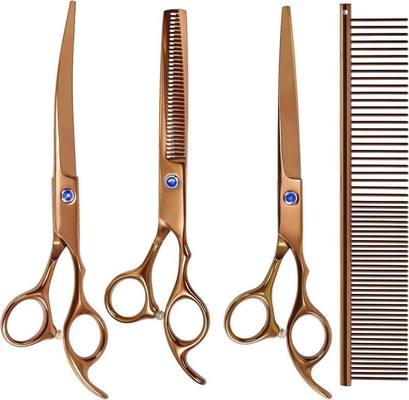 maxshop Dog Grooming Scissors, Premium Stainless Steel Pet Grooming Trimmer Kit, Professional Thinning Shears, Curved Scissors with Comb for Dogs and Cats (Gold Set of 4) - Image 1