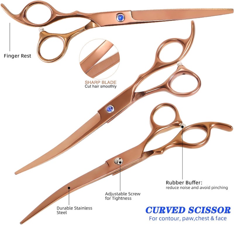 maxshop Dog Grooming Scissors, Premium Stainless Steel Pet Grooming Trimmer Kit, Professional Thinning Shears, Curved Scissors with Comb for Dogs and Cats (Gold Set of 4) - Image 3