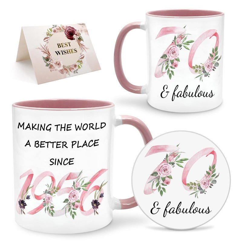 Lingdeer 70th Birthday Gifts for Women Her, 1956 Vintage Birthday Coffee Mugs with Silicone Coaster, Fabulous 1956 Gifts Ideas for 70 Years Old Women Mom Sisters Grandma - Image 1