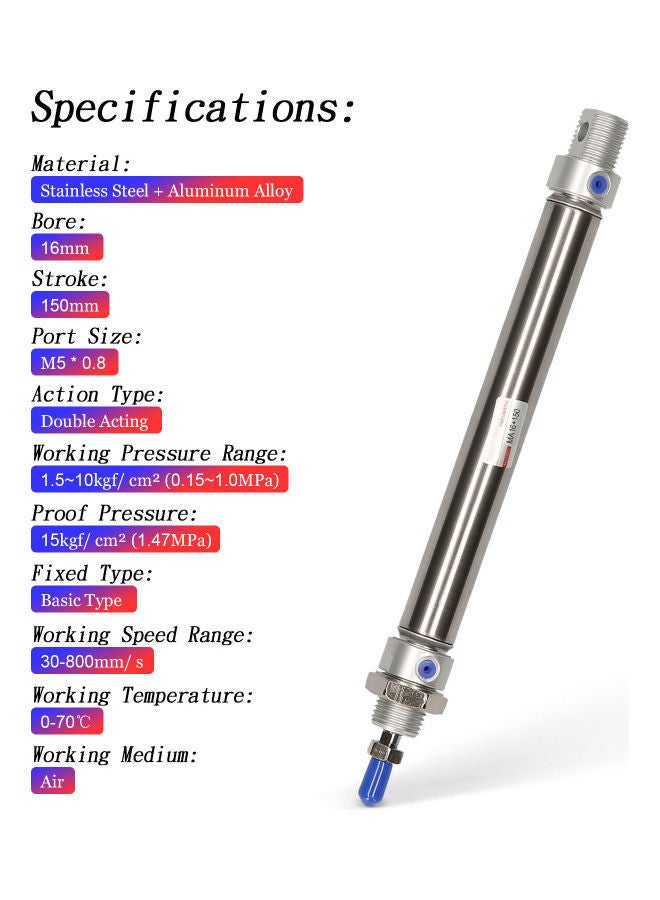 NIBEMINENT Pneumatic Mini Air Cylinder MAL 16x150 Silver - Image 3