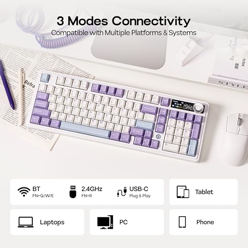 MechLands AJAZZ AK980 V2 Mechanical Gaming Keyboard with Display Screen, 10000mAh Battery, 98% Wireless Keyboard with BT/USB-C/2.4GHz, Hot Swappable, Linear Switch, Knob, RGB for Win/Mac (White) - Image 5