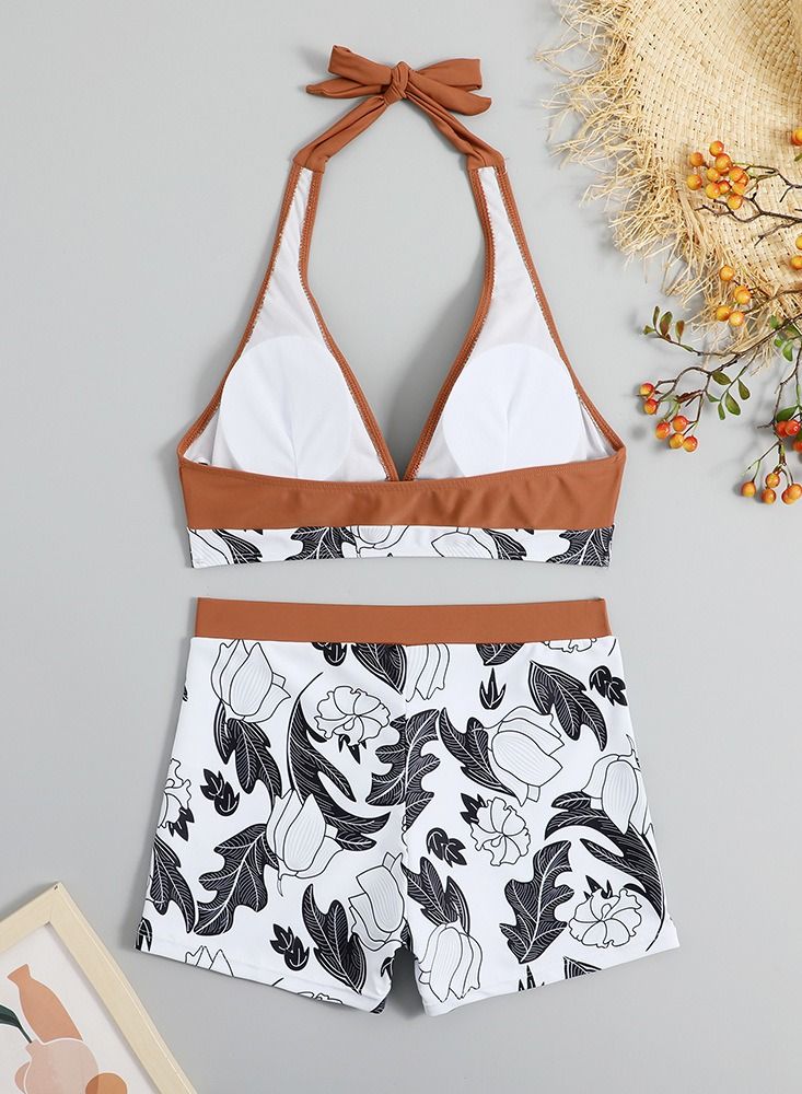 Loquat Swimsuit Halter Halter Leaf Print Bikini Brown - Image 2