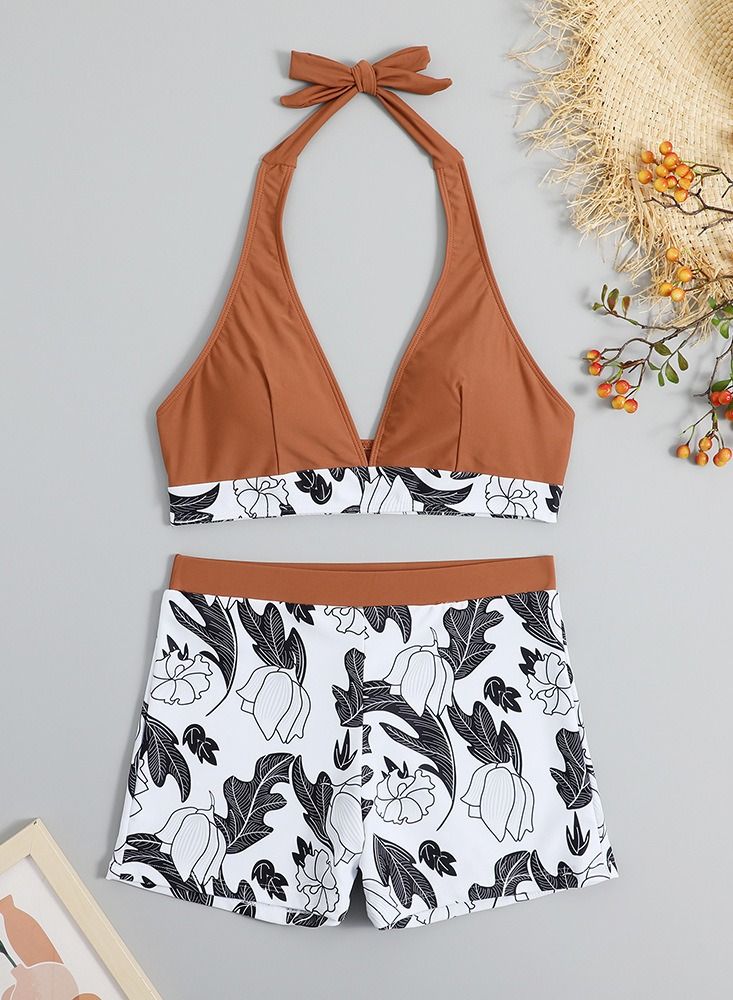 Loquat Swimsuit Halter Halter Leaf Print Bikini Brown - Image 1