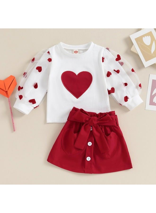Gureui Toddler Baby Girl Valentines Day Outfit Long Sleeve Red Heart Print Sweatshirt Skirt Clothes Set, A White Heart, 2-3 Years - Image 2